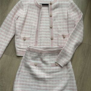 Chic Pink Tweed Skirt and Jacket Set EverNew
